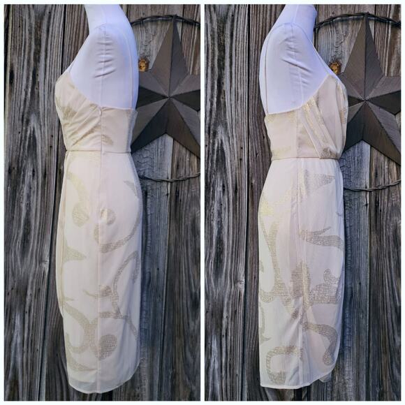 Draped Wrap Dress Free People Size 4 Cream Mesh Gold Foil Sweetheart Sleeveless - Picture 4 of 9